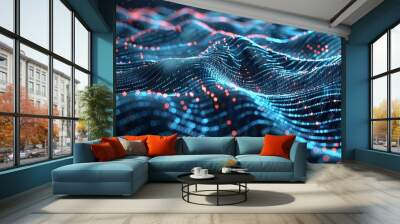 Dynamic cyber big data flow: blockchain networks intersecting with ai technology and digital communication. Vibrant 3d illustration of music waves and science research Wall mural