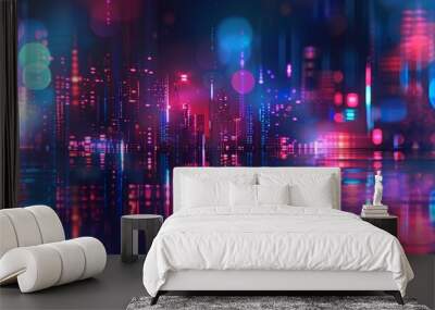 Futuristic cityscape: blurred neon lights in bokeh style - vibrant urban night background for modern designs and concepts Wall mural