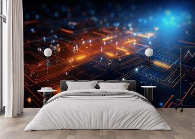 futuristic neon circuit board: vibrant orange and blue technology background with code elements, 3d render Wall mural