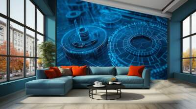 Mechanical engineer drafting blueprint design for industrial technology project: abstract 3d background Wall mural