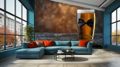 Refreshing glass of beer accompanied by a stylish black bowtie, perfectly capturing the celebration of father's day or a fun bachelor party atmosphere, ideal for festive gatherings and party planning  Wall mural