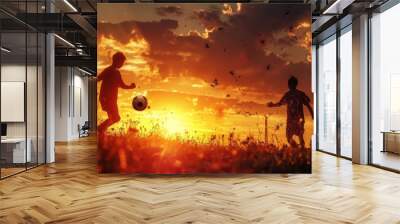 Silhouette of a soccer player kicking a football against a vibrant sunset sky, capturing the passion and energy of the game in a dramatic outdoor setting, perfect for sports themes, inspirational post Wall mural