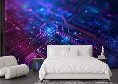 Vibrant blue and purple circuit board tech background Wall mural