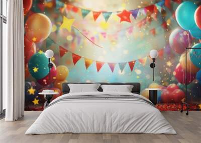 Vibrant carnival celebration background with colorful balloons, streamers, and confetti, perfect for birthday parties and festive occasions Wall mural