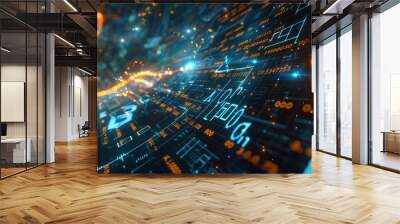 Vibrant digital seamless mathematical formulas: abstract futuristic background with math & physics symbols, mesh network grid - 3d illustration in 4k science concept Wall mural