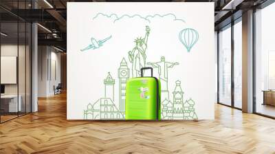 Around the world concept with green travel bag. Vector illustration with bag travel Wall mural