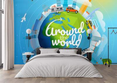 Around the world tour by different vehicle. Travel concept vector illustration with logo Wall mural