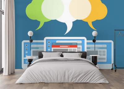 group of modern computer workstations with speech clouds. illust Wall mural