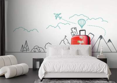 Photoreal red suitcase with cityscape background. World travel vector concept Wall mural