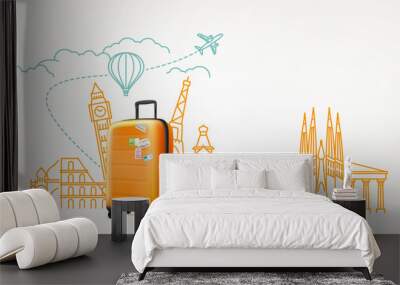 Photoreal suitcase with different travel destination elements. World travel vector concept Wall mural