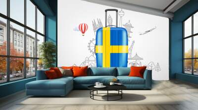 Plastic travel bag with swedish flag and famous world sights. 3d vector concept Wall mural