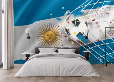 The ball in the soccer net. Goal vector concept with flag of Argentina. 3d vector banner with blur effect Wall mural