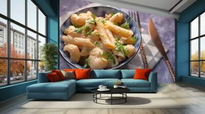  homemade cooked pasta in a plate on table . Wall mural