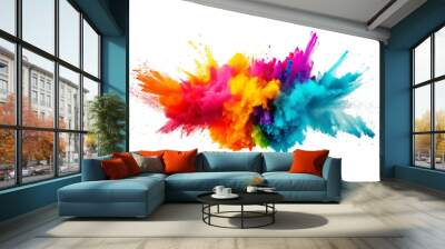 colorful vibrant rainbow Holi paint color powder explosion with bright colors isolated white background.	 Wall mural