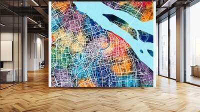 Shanghai China Map, downtown printable Landmarks landscape print painting cities city travel banner urban background colorful paint watercolor business modern abstract Wall mural