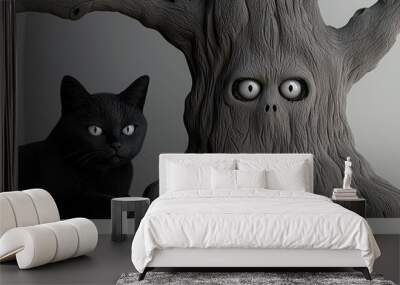 A whimsical scene featuring a black cat beside a quirky, animated tree with expressive eyes, perfect for fantasy themes. Wall mural