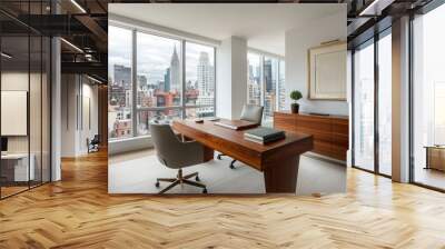 Modern office space with a stunning city view, featuring elegant furniture and abundant natural light. Wall mural