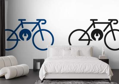 Bike with Wrench Repair Concept Silhouette Icon Set. Workshop for Cycle Transport Pictogram. Bicycle Mechanic Repair Solid Symbol Collection on White Background. Isolated Vector Illustration Wall mural