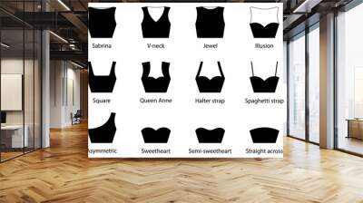 Neckline Type of Women Dress. Strapless Decolletage, Halter, Sweetheart, Queen Anne, V-Neck, Off Shoulder. Neck Line Fashion Blouse, Shirt Silhouette Pictogram Set. Isolated Vector Illustration Wall mural