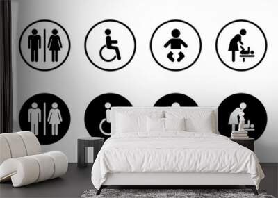 Set of Toilet Silhouette Icon. Mother and Baby Room Icon. WC Sign on Door for Public Toilet. Sign of Washroom for Male, Female, Disabled and Children. Symbols Restroom. Vector Illustration Wall mural