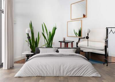 Corner of a bedroom with a wooden armchair and white cushions, a cherry wood floor and two potted sansevieria trifasciata Wall mural