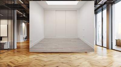 Front view of a built-in wardrobe with white sliding doors and wood-look stoneware floors Wall mural