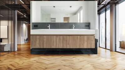 Front view of a modern bathroom with a wooden Wall mural