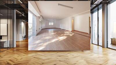 Large empty garage of a detached house with two white metal extendable doors Wall mural