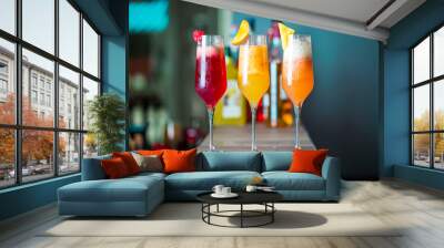 Colorful Summer Cocktails with Prosecco, Three Kind of Fruit Cocktails - Raspberry, Peach and Pineapple, Horizontal Wallpaper Wall mural