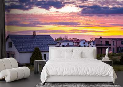 Panoramic View of the Summer Sunset over the Baltic Village, Golden Hours Wall mural