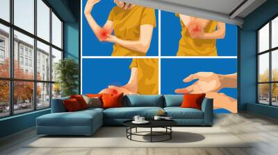 Pain and injuries in body parts. woman is feeling pain in elbow, wrist and finger.  Wall mural