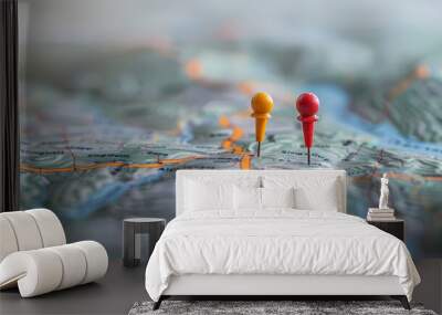 A detailed map displaying a specific location marked with two vibrant pins, symbolizing the starting and destination points in a GPS navigation system used for efficient route planning and guidance. Wall mural