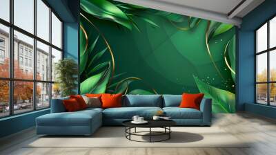 Luxury green summer background and wallpaper vector with golden metallic decorate wall art Wall mural