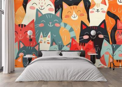 cute and happy cartoon cat pattern with many cats of different colors, smiling faces, laughing Wall mural