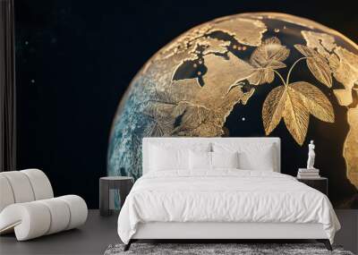 A beautifully etched globe featuring intricate leaf designs gently spins in vastness of space, symbolizing connection between nature and our planet Wall mural