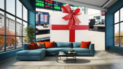 A beautifully wrapped gift box with a red ribbon, placed on a desk in a modern office environment. Wall mural