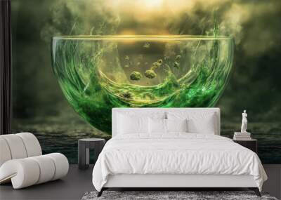 A boiling green potion in glass bowl symbolizes fusion of earth elements, creating mystical and enchanting atmosphere. vibrant colors and swirling motion evoke sense of magic and wonder Wall mural