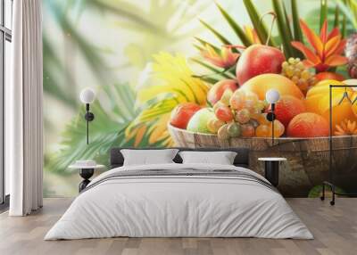 A colorful bowl of tropical fruits including oranges, grapes, and pineapples, arranged beautifully against a vibrant background. Wall mural