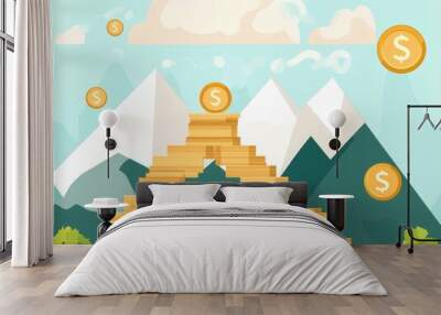 A colorful digital illustration featuring a mountain landscape with dollar signs and a staircase made of wooden blocks. Wall mural