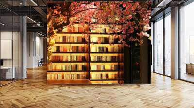 A cozy library scene featuring a bookshelf filled with colorful books, illuminated warmly, complemented by a blooming cherry blossom tree above. Wall mural