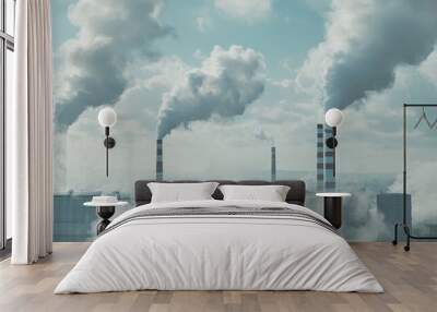 A factory emitting thick smoke against a cloudy sky, illustrating industrial pollution and environmental concerns. Wall mural