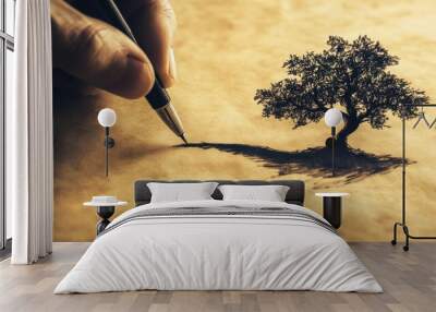 A hand drawing a tree on paper, showcasing creativity and artistry. Wall mural