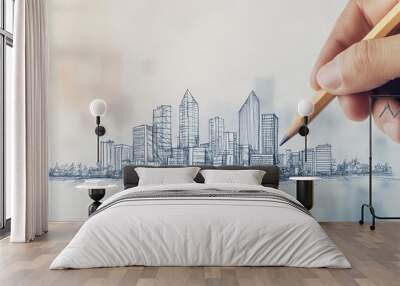 A hand sketches a city skyline using a pencil, showcasing urban architecture and artistic creativity with detailed lines and structures. Wall mural