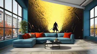 A lone warrior stands in silhouette against a glowing yellow background, surrounded by shadowy figures, evoking a sense of mystery and impending action. Wall mural