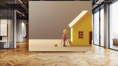 A miniature construction scene featuring yellow house and workers, symbolizing home building and renovation. Wall mural