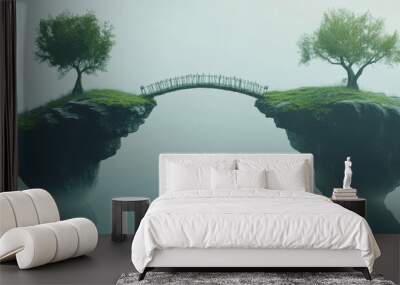 A serene landscape featuring two lush islands separated by a misty expanse, connected by a delicate wooden bridge. Wall mural