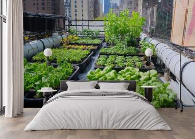 A vibrant rooftop garden filled with various leafy greens cultivated in containers, showcasing urban gardening in a city environment. Wall mural