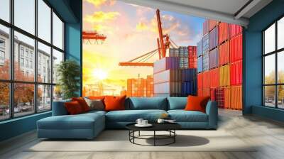 A vibrant sunset backdrop illuminates a cargo port filled with colorful shipping containers, showcasing industrial activity and logistics. Wall mural