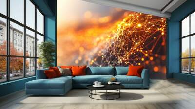 Abstract Digital Network with Glowing Orange Nodes and Connections in a Futuristic Technology Background Wall mural