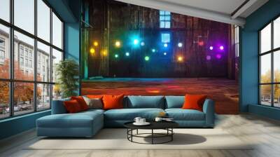 Colorful Light Installation in an Industrial Warehouse with Rustic Walls and Large Windows Wall mural